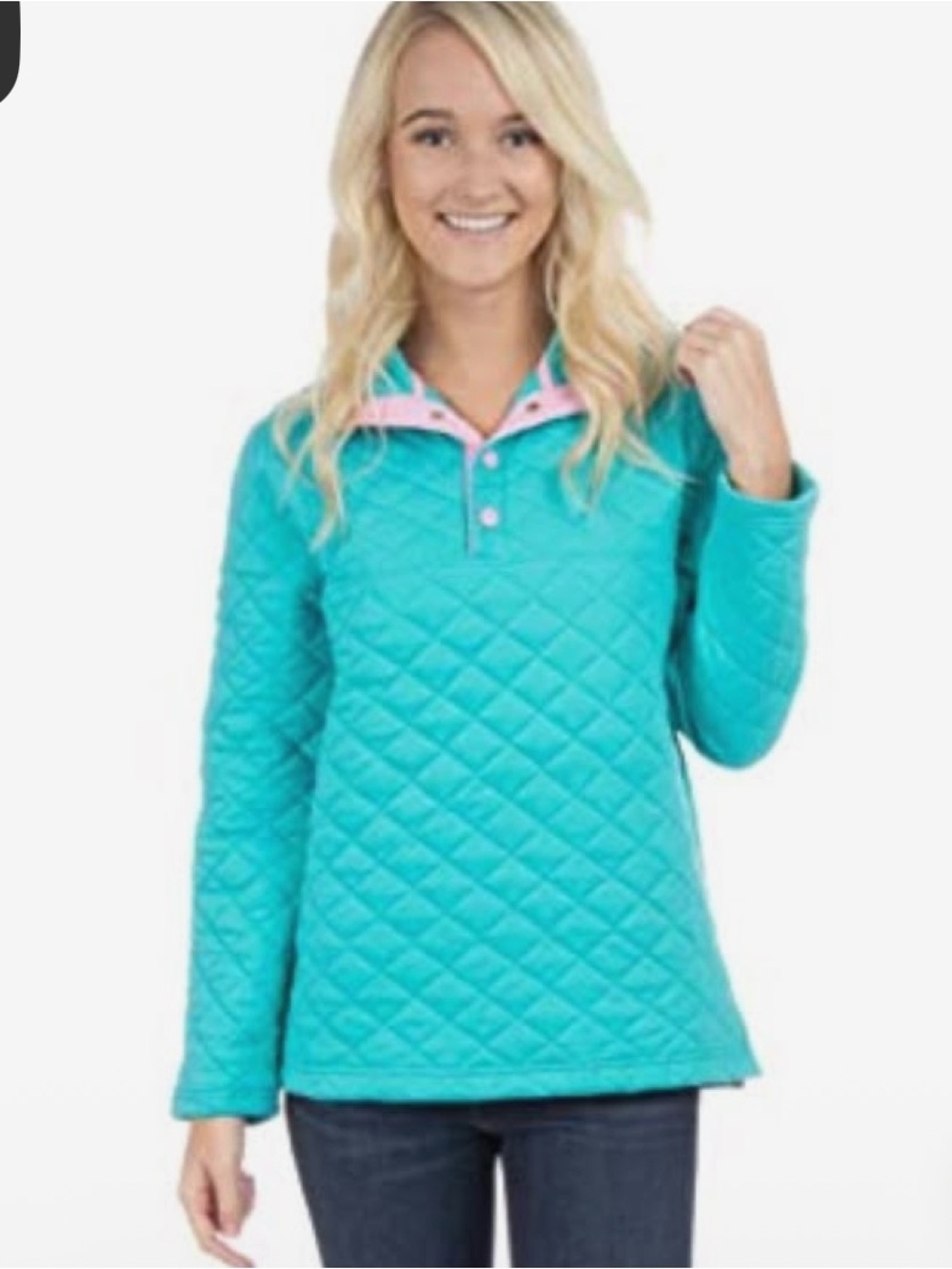 Lauren James Quilted Aqua Pullover with Pink Trim